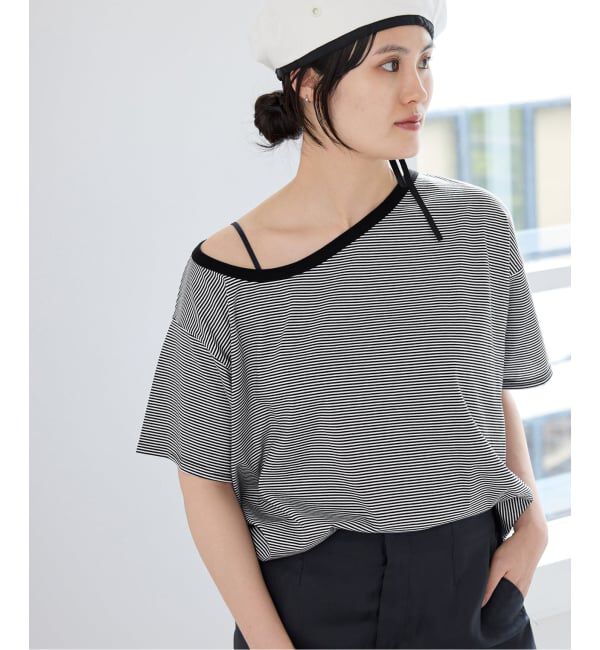 IENA「FOLKIN' VIOLETTE ROOM ASYMMETRY TEE Tシャツ FVR24407」|Tシャツ・カットソー|ブラック