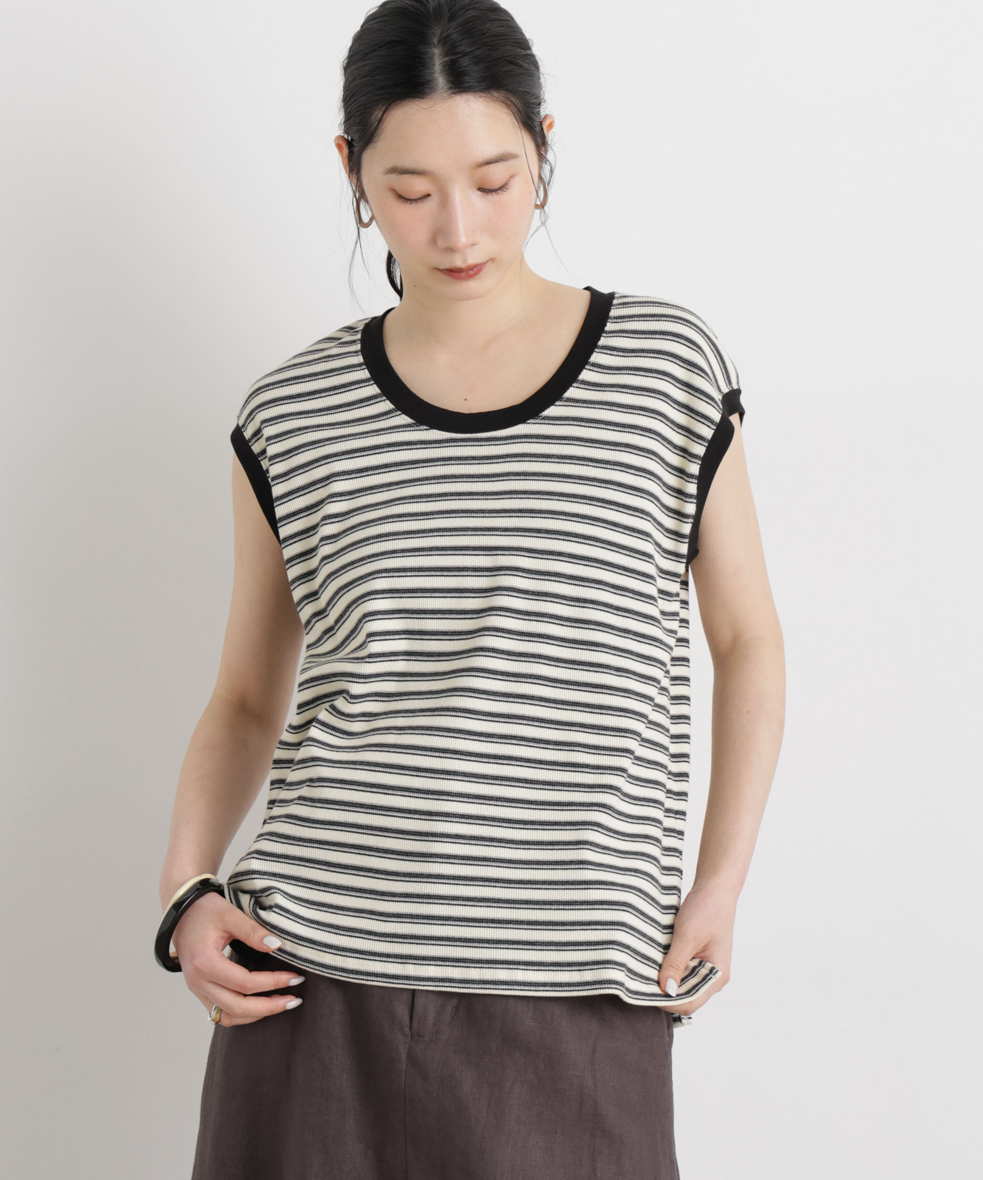 nano･universe「ボーダーテレコワイドノースリーブトップス」|Tシャツ・カットソー|