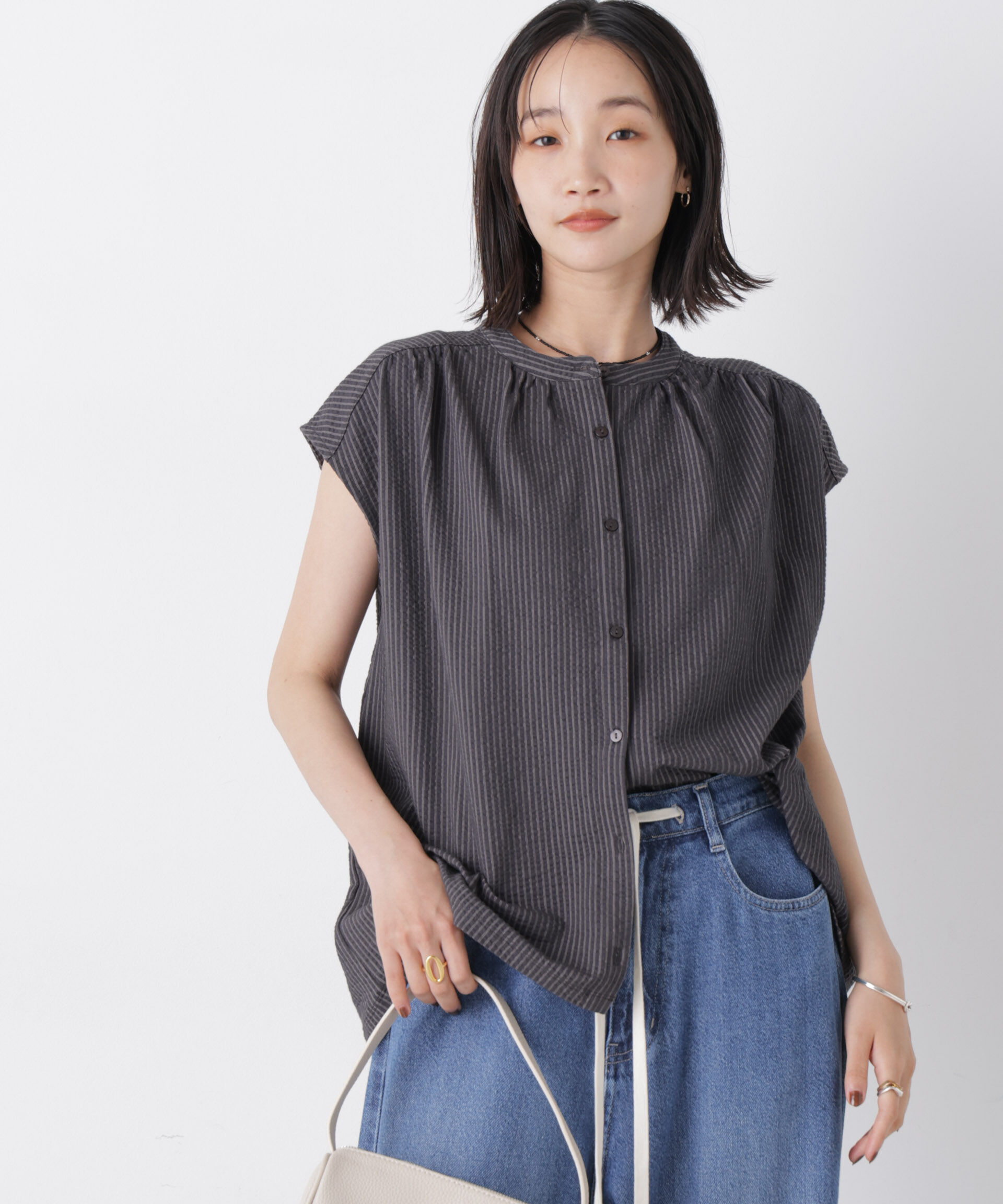 nano･universe「カットサッカーフレンチスリーブギャザーブラウス(セットアップ可)」|Tシャツ・カットソー|