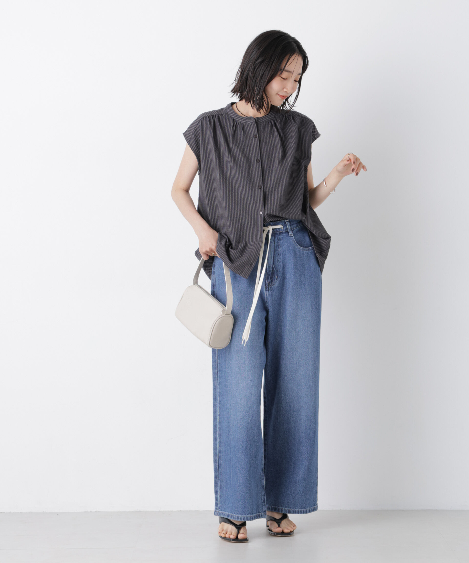 nano･universe「カットサッカーフレンチスリーブギャザーブラウス(セットアップ可)」|Tシャツ・カットソー|