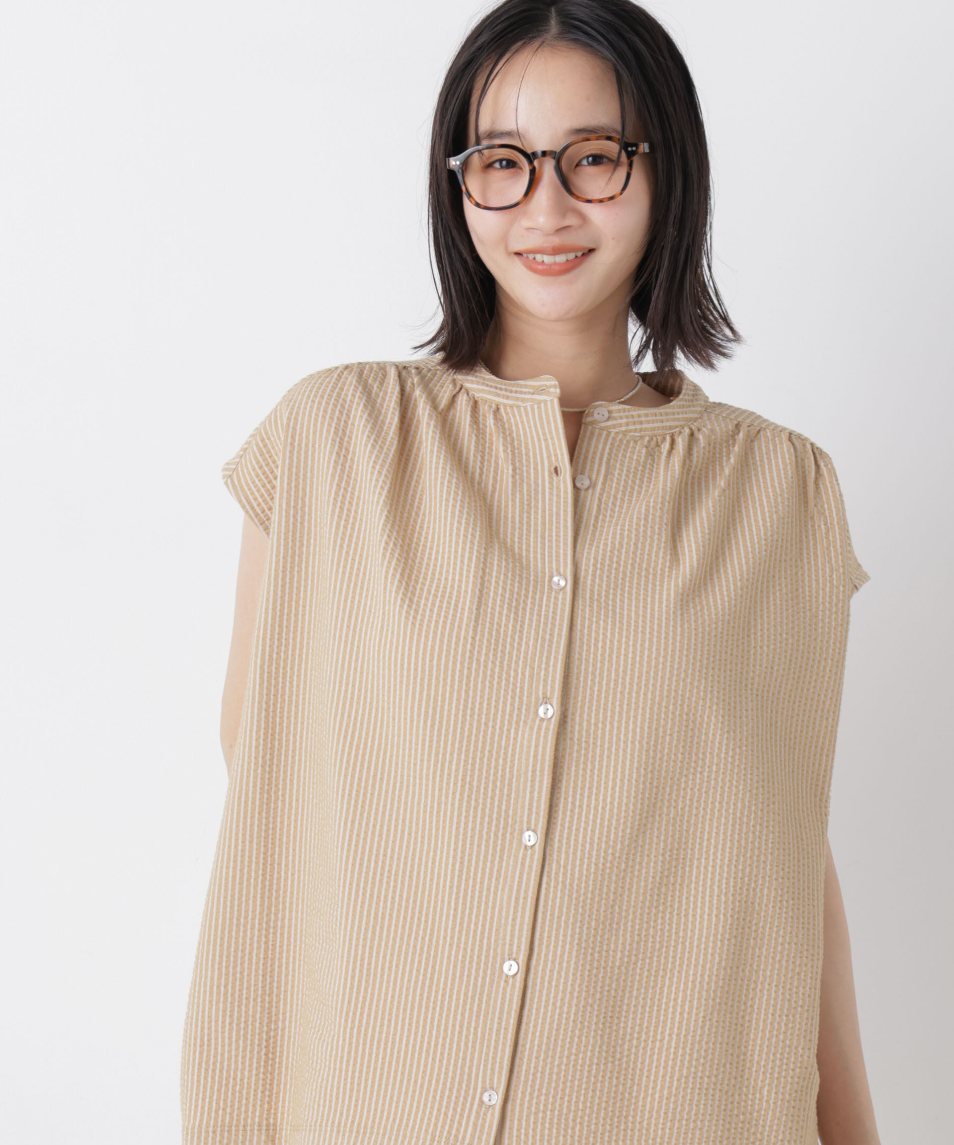 nano･universe「カットサッカーフレンチスリーブギャザーブラウス(セットアップ可)」|Tシャツ・カットソー|