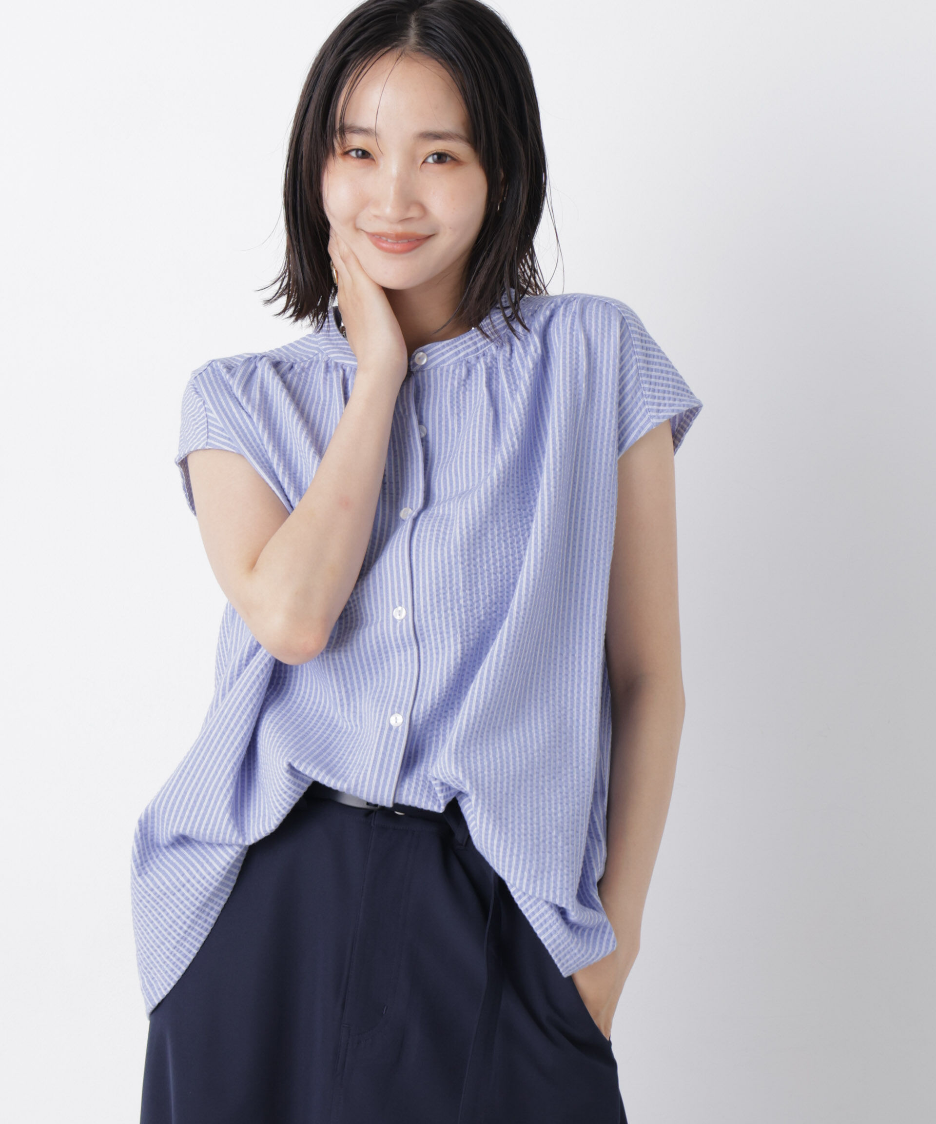 nano･universe「カットサッカーフレンチスリーブギャザーブラウス(セットアップ可)」|Tシャツ・カットソー|