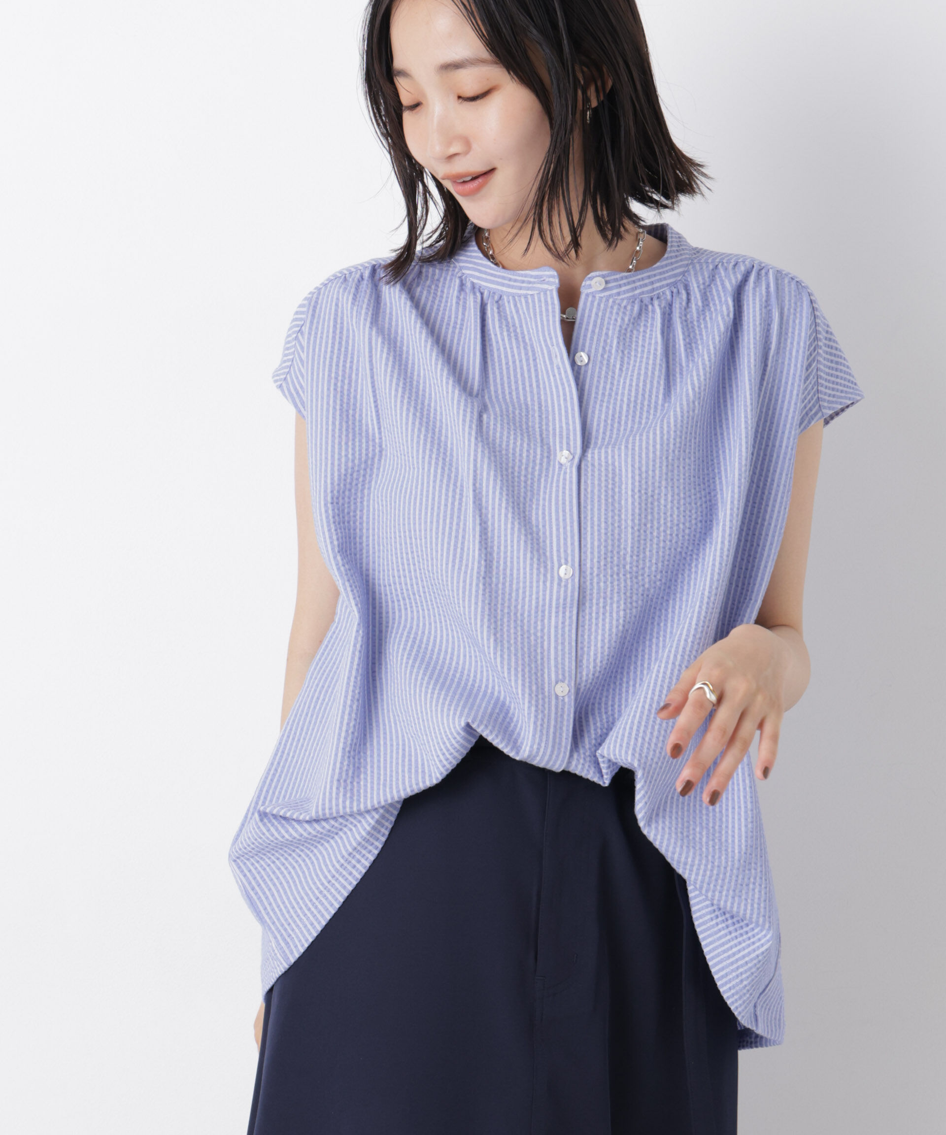 nano･universe「カットサッカーフレンチスリーブギャザーブラウス(セットアップ可)」|Tシャツ・カットソー|