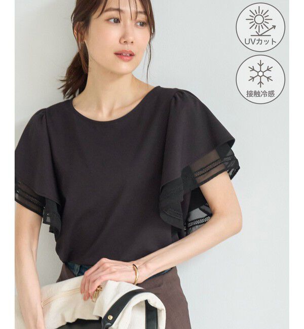 Rope&rsquo;Picnic「レースドッキングフレアスリーブカットトップス/UVカット・接触冷感」|Tシャツ・カットソー|ブラック(01)