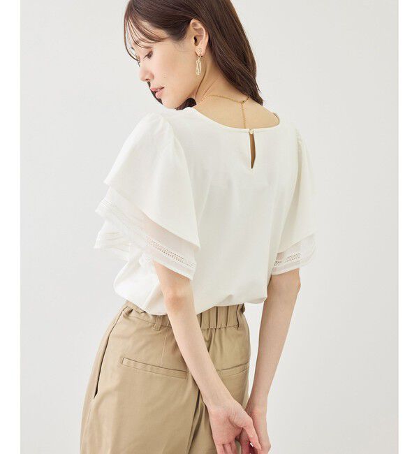 Rope&rsquo;Picnic「レースドッキングフレアスリーブカットトップス/UVカット・接触冷感」|Tシャツ・カットソー|
