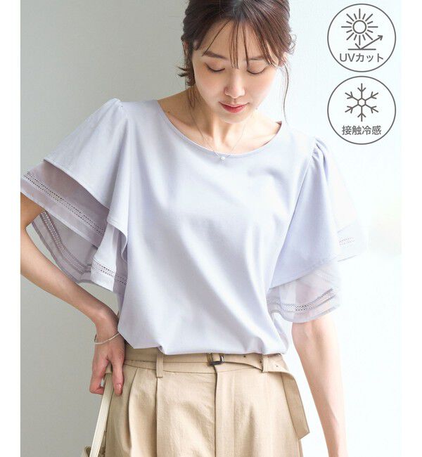 Rope&rsquo;Picnic「レースドッキングフレアスリーブカットトップス/UVカット・接触冷感」|Tシャツ・カットソー|サックス(48)