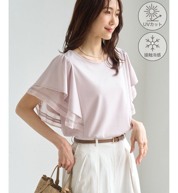 Rope&rsquo;Picnic「レースドッキングフレアスリーブカットトップス/UVカット・接触冷感」|Tシャツ・カットソー|ローズピンク(64)
