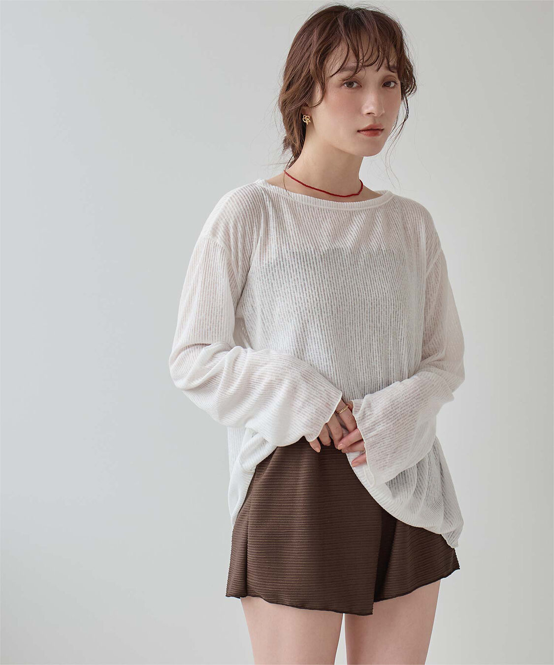 SEA DRESS「4点セット/長袖トップス付シャーリングビキニ&times;ショートパンツ/水着」|ビキニ|ブラウン