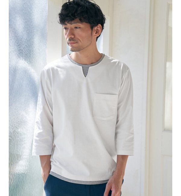 ikka「【接触冷感／抗菌防臭】GOKU楽セイケツ7分袖キーネックTシャツ」|Tシャツ・カットソー|