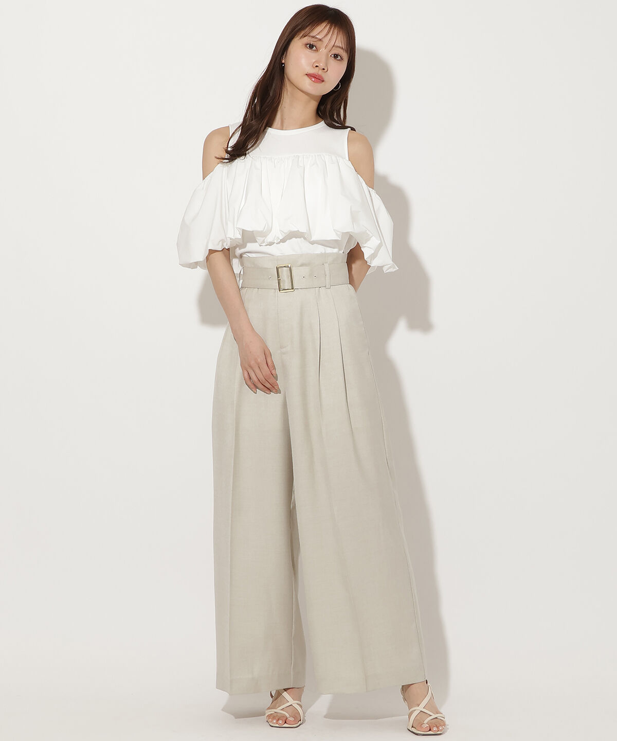 アンドクチュール「ベルト付きハイウエストワイドパンツ」|その他|ベージュ
