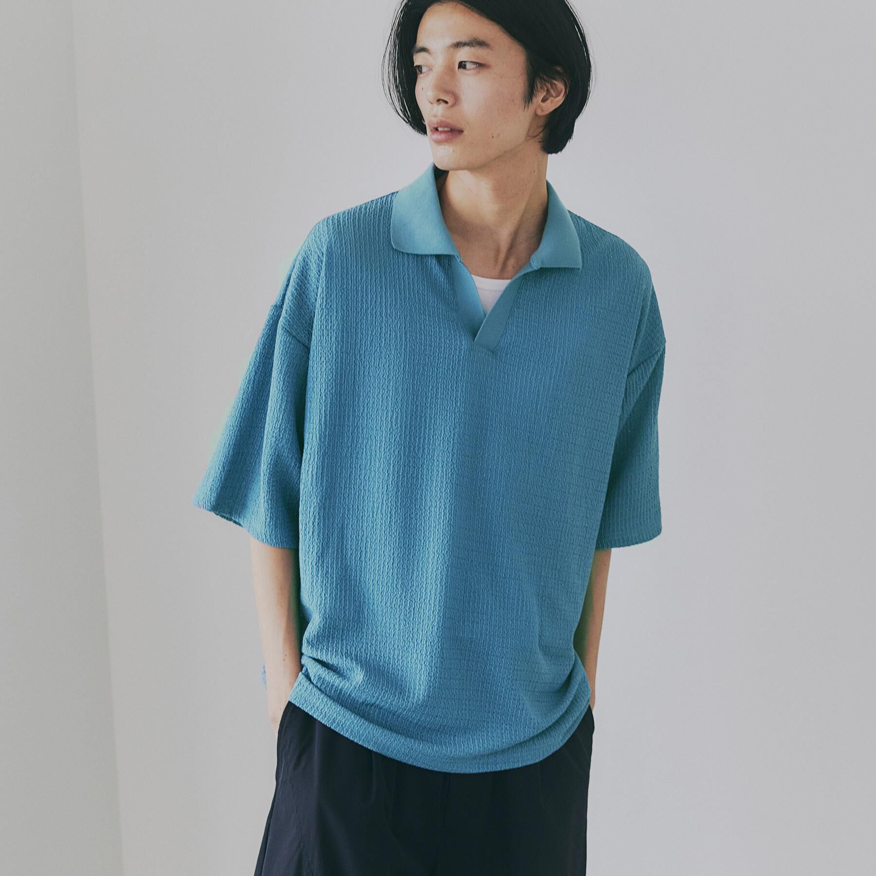 tk.TAKEO KIKUCHI「【ソフトタッチ】ルーズスキッパーポロシャツ/ソフト肌触り/オーバーサイズ/ルーズ/ドロップショルダー」|Tシャツ・カットソー|ブルー(091)