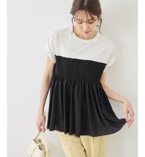 Rope&rsquo;Picnic「シャーリングドッキングハーフスリーブカットソー」|Tシャツ・カットソー|ブラック(01)