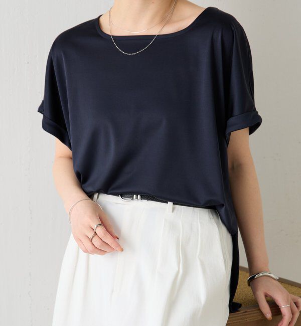  「【伸びるサテン素材/吸湿速乾/インナーにも◎】ストレッチサテンTシャツ」|Tシャツ・カットソー|ネイビー