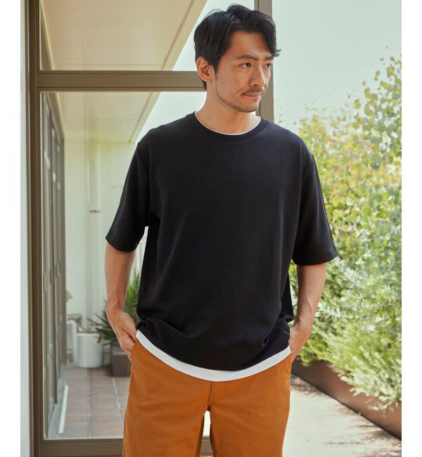 ikka「冷感DRYリップル5分袖Tシャツ」|Tシャツ・カットソー|ブラック