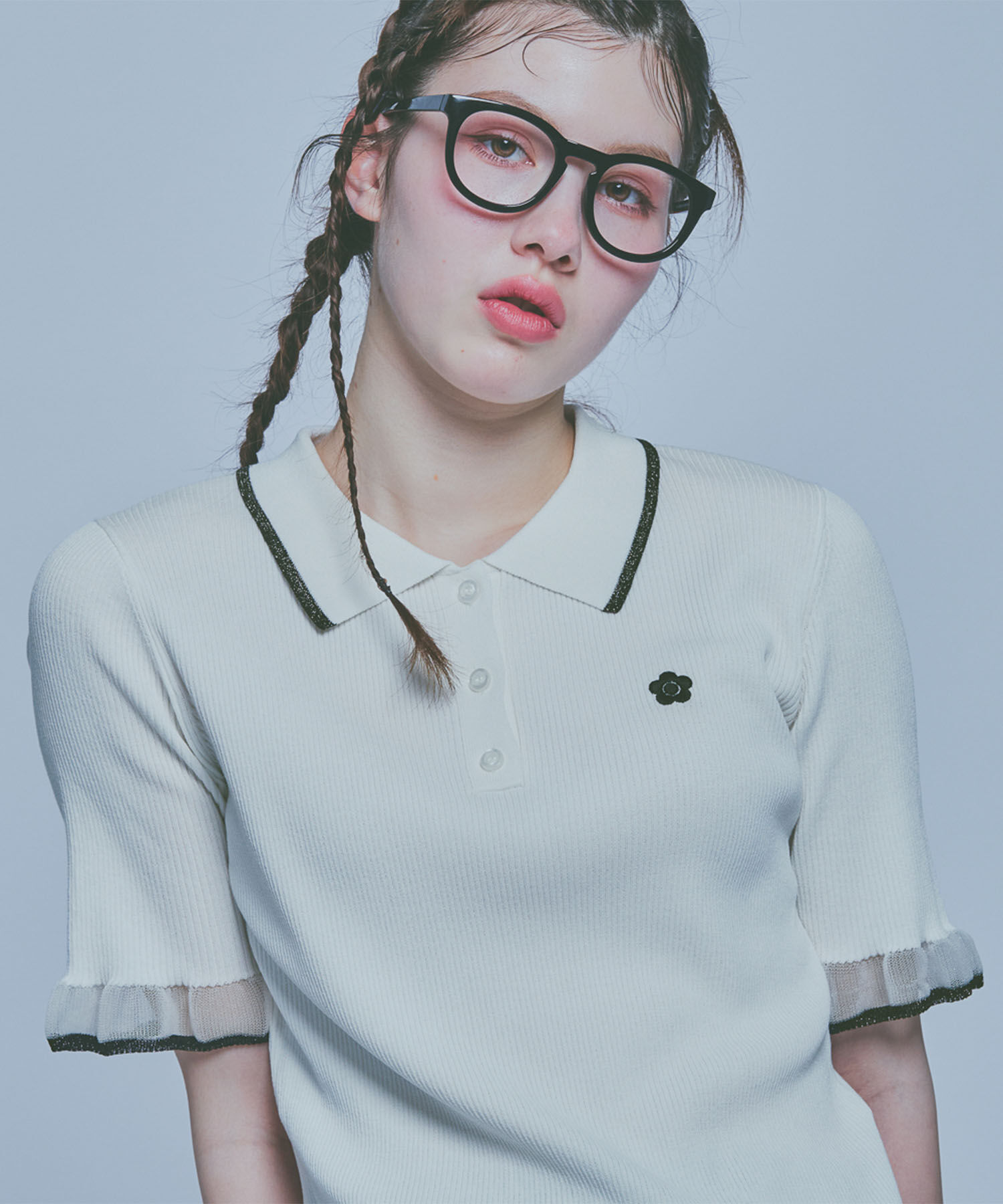 MARY QUANT「フリルニットポロ プルオーバー」|ポロシャツ|ホワイト