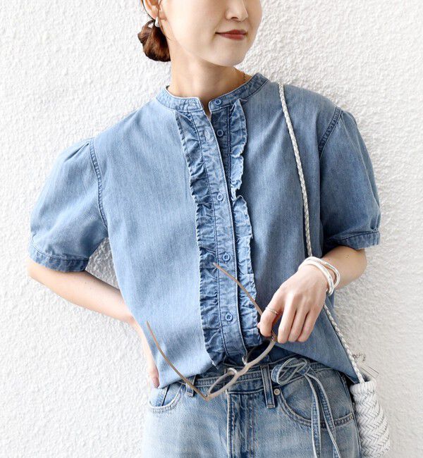 SHIPS for women「【WEB限定】〈手洗い可能〉ライト オンス フリル デニム 半袖 シャツ」|シャツ・ブラウス|ライトブルー