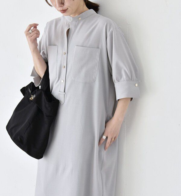 quaranciel「《一部追加予約》quaranciel:〈洗濯機可能〉CALCULO(R)使用 バンドカラー シャツ ワンピース」|ワンピース|ライトグレー