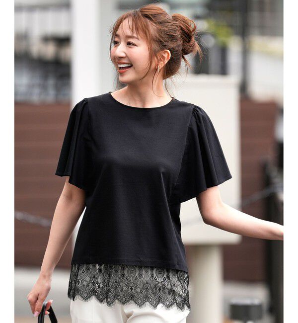 ANY SIS「【シルクタッチさら魅せTシャツ】袖フレア プルオーバー」|Tシャツ・カットソー|ブラック
