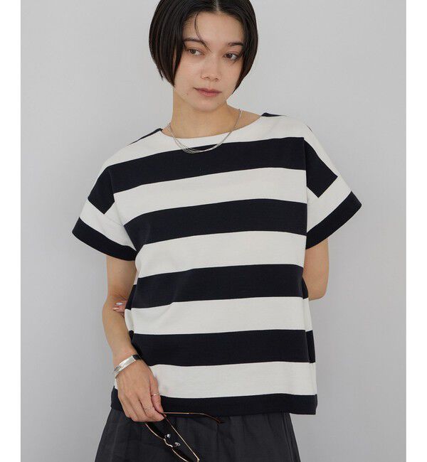 SALON adam et rope'「【WEB限定】フレンチスリーブポンチボーダーTシャツ」|Tシャツ・カットソー|ブラック系(02)