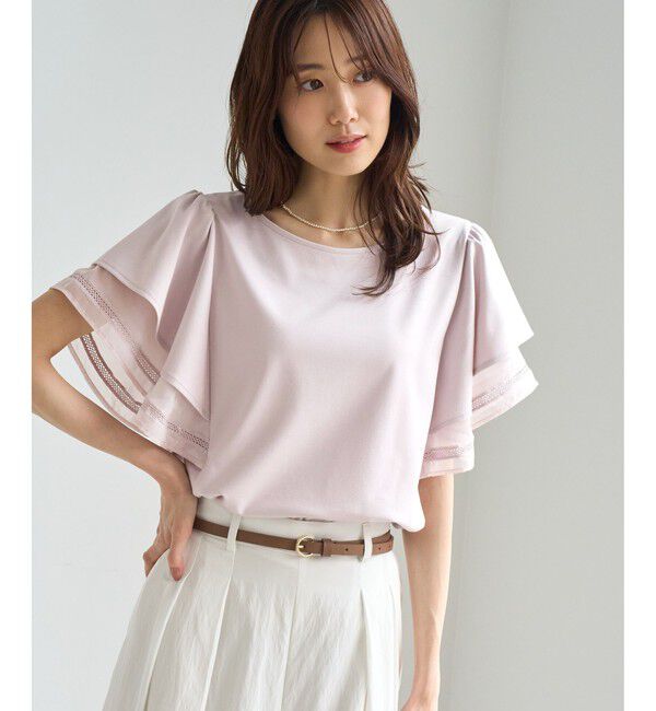 Rope&rsquo;Picnic「レースドッキングフレアスリーブカットトップス/UVカット・接触冷感」|Tシャツ・カットソー|