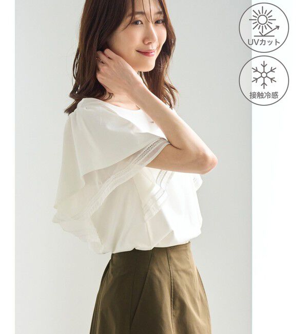 Rope&rsquo;Picnic「レースドッキングフレアスリーブカットトップス/UVカット・接触冷感」|Tシャツ・カットソー|ホワイト(10)