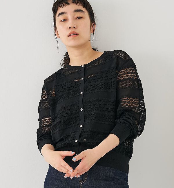 collex「レーシー柄クルーネックニットカーディガン」|カーディガン|ブラック