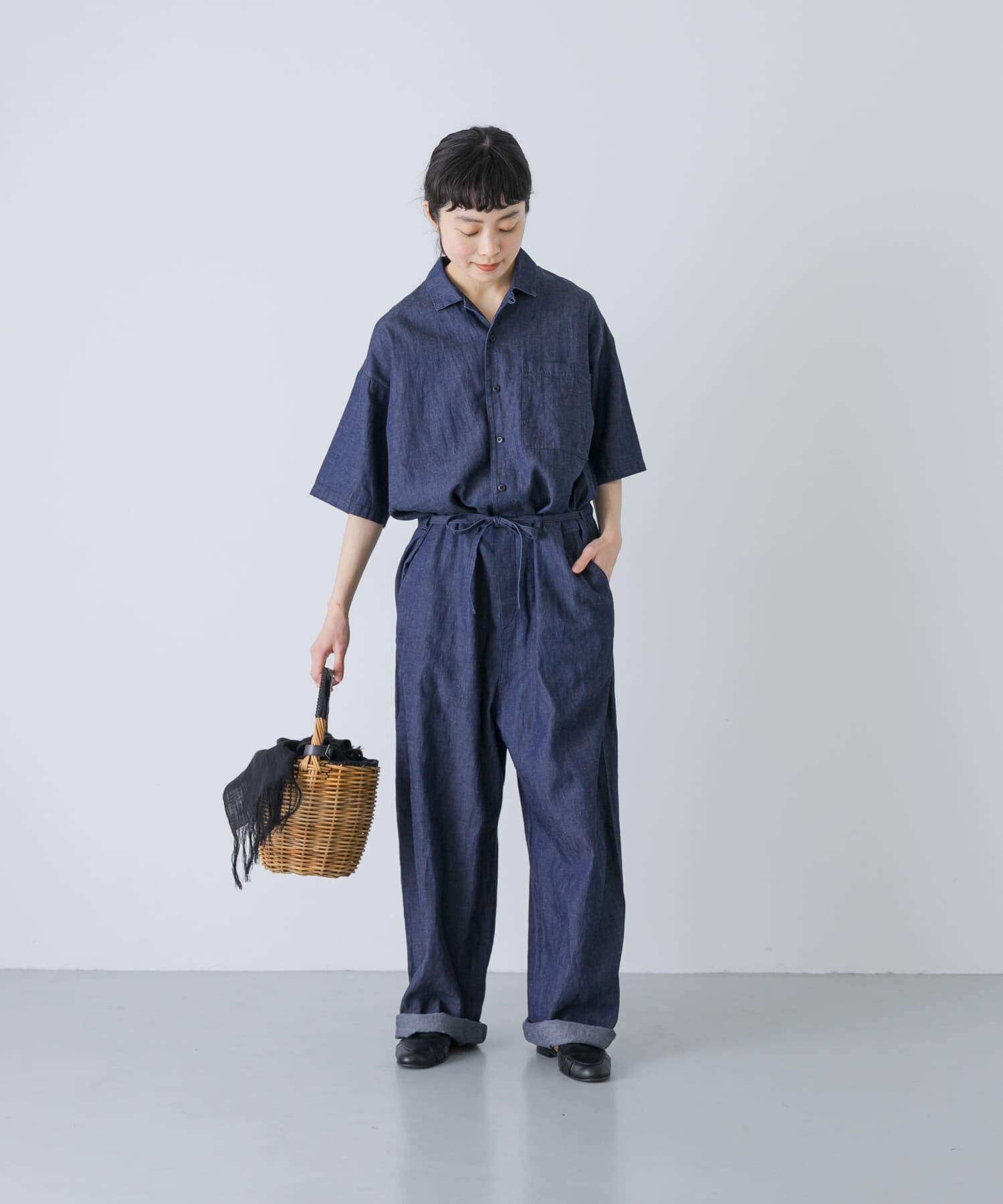 かぐれ「綿麻デニムハーフスリーブオールインワン」|オールインワン|