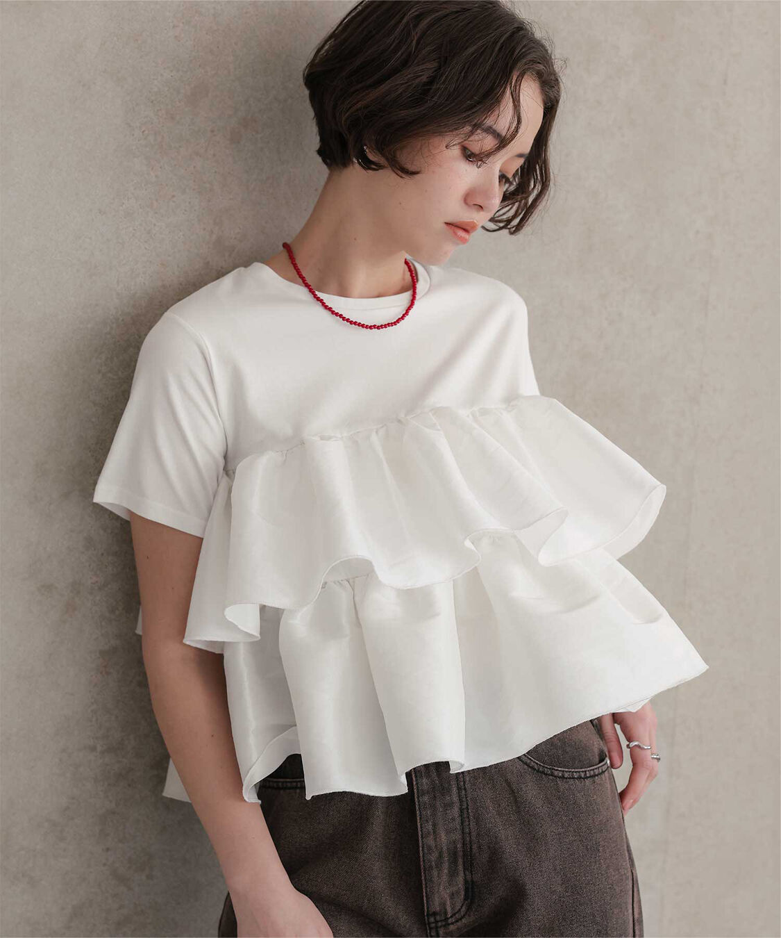 titivate「シャイニーティアードフリルトップス」|Tシャツ・カットソー|オフホワイト