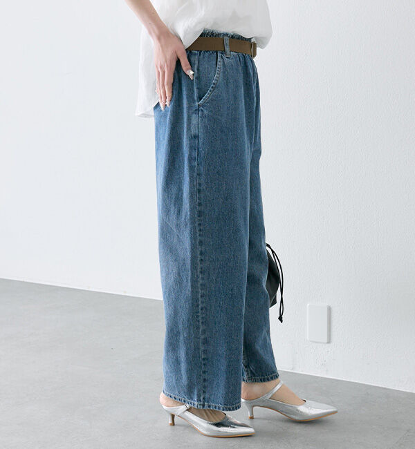  「ベルト付き綿麻デニムパンツ」|デニム|