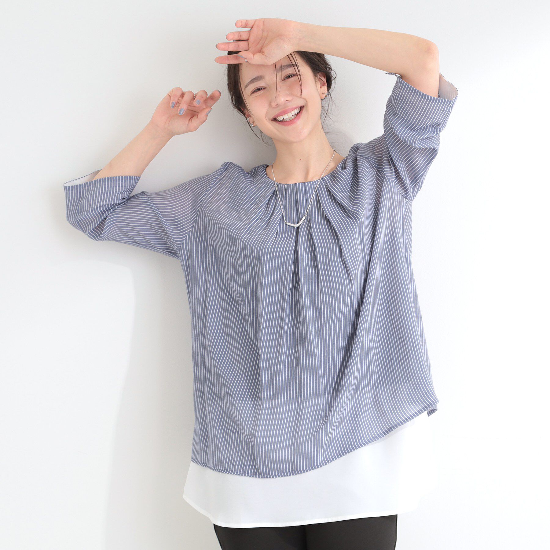 SHOO･LA･RUE「【洗濯機可/体型カバー】1枚でサマ見え 7分袖スラブレイヤード風トップス」|Tシャツ・カットソー|