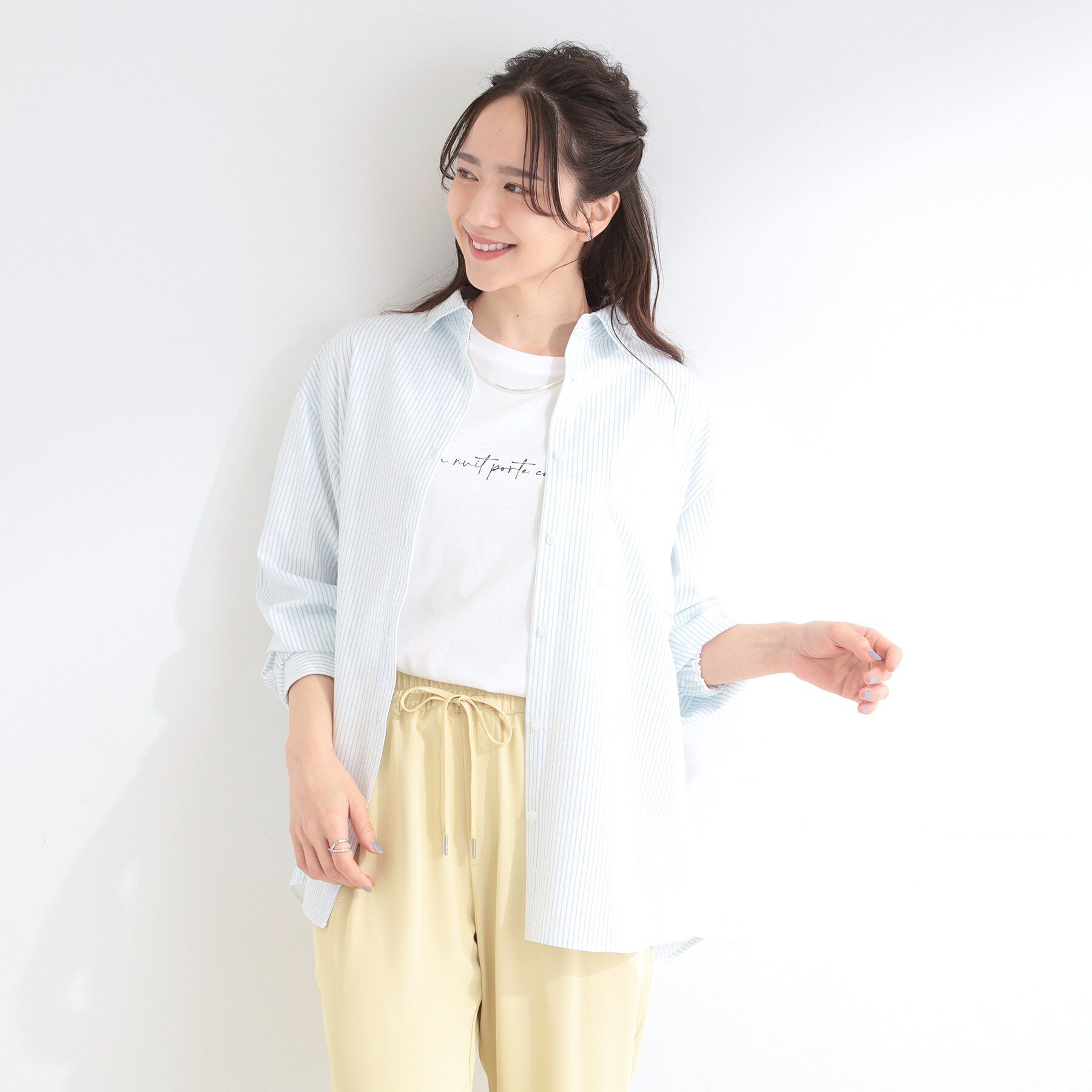 SHOO･LA･RUE「【ひんやり/UV/吸水速乾/洗濯後しわになりにくい】ラッシュガードにもなる ストライプシャツ」|シャツ・ブラウス|