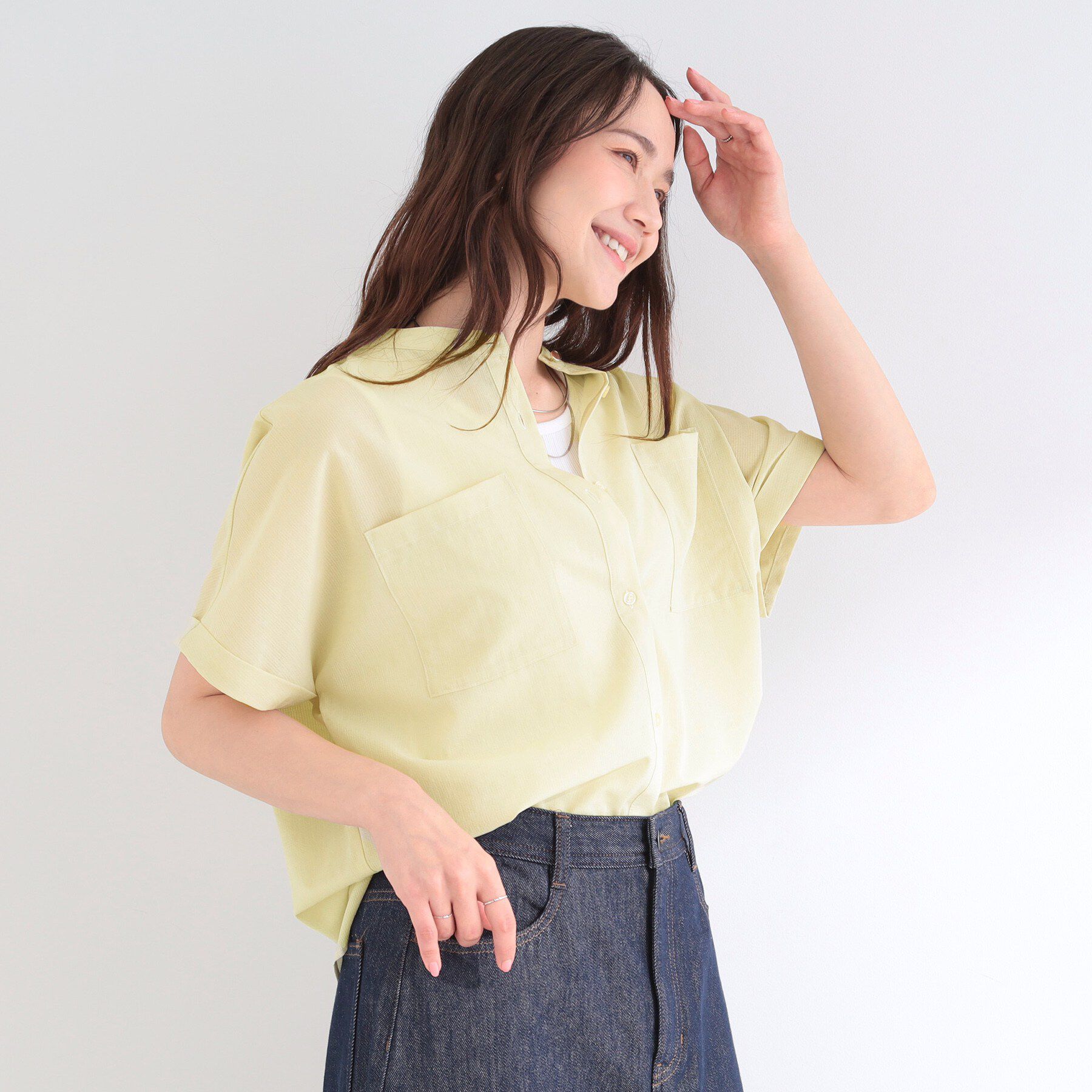 SHOO･LA･RUE「【さらり快適/洗濯機可/S-LL】風が通り抜ける 半袖バンドカラーシアーシャツ」|シャツ・ブラウス|