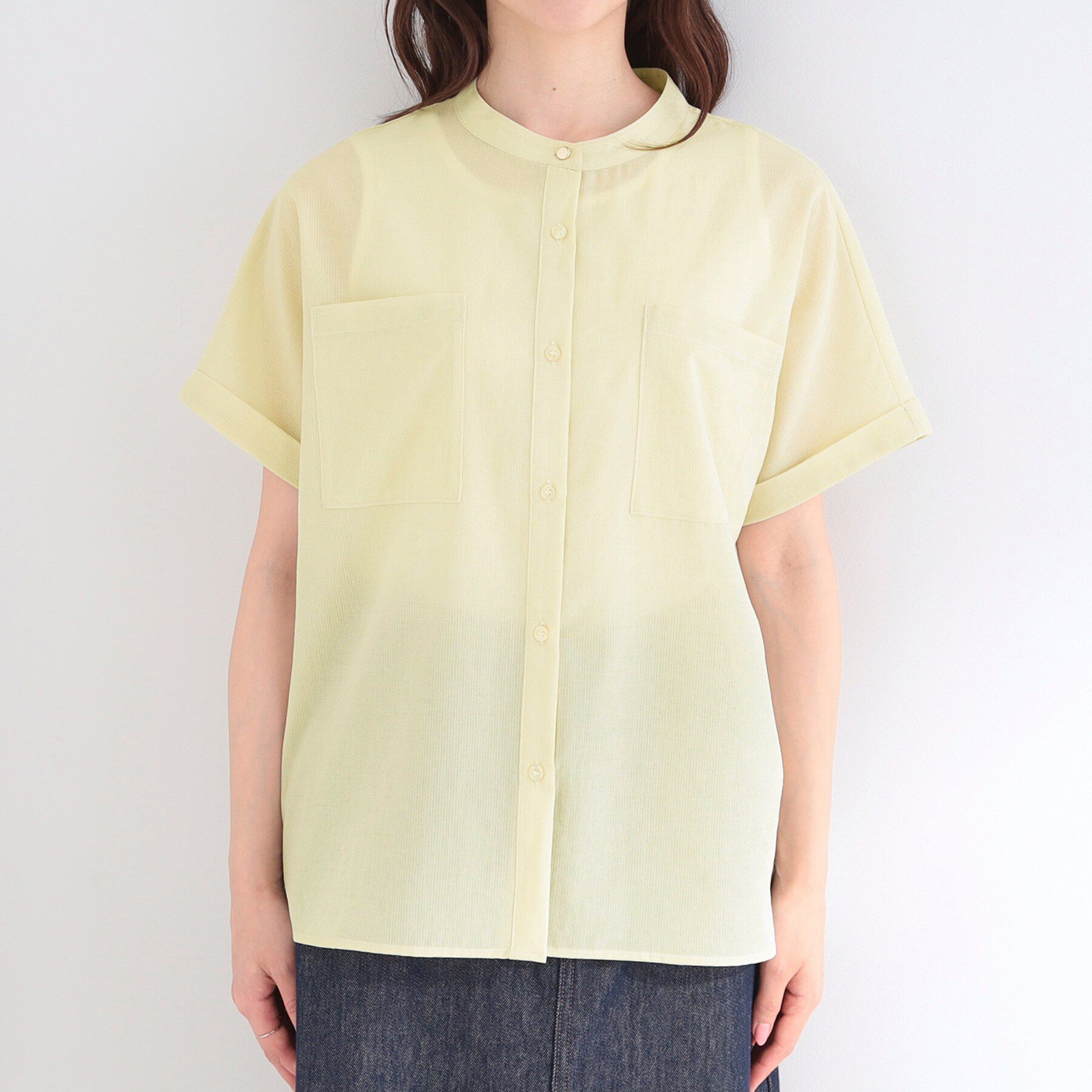 SHOO･LA･RUE「【さらり快適/洗濯機可/S-LL】風が通り抜ける 半袖バンドカラーシアーシャツ」|シャツ・ブラウス|