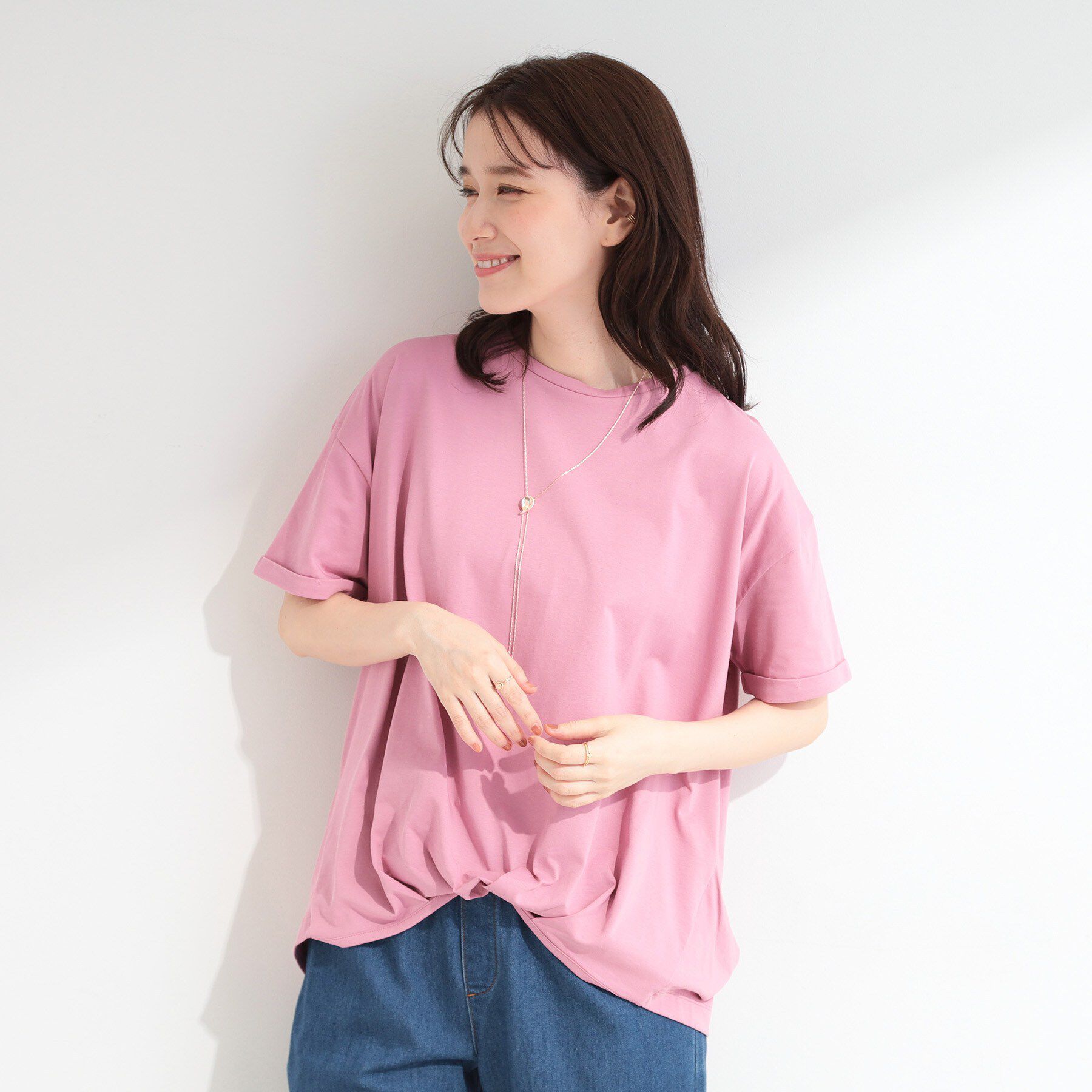 SHOO･LA･RUE「【ひんやり/S-LL】インせず決まる フロントタックデザインTシャツ」|Tシャツ・カットソー|