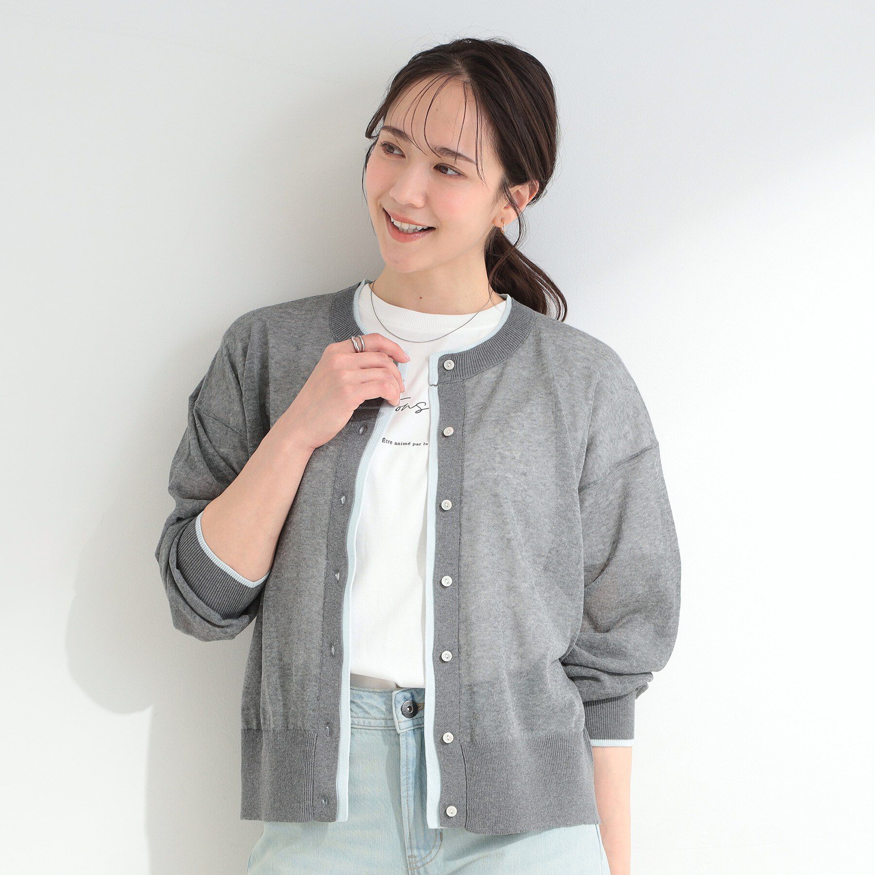 SHOO･LA･RUE「【S-LL/洗濯機可】1枚でこなれ見え 配色シアーカーディガン」|カーディガン|