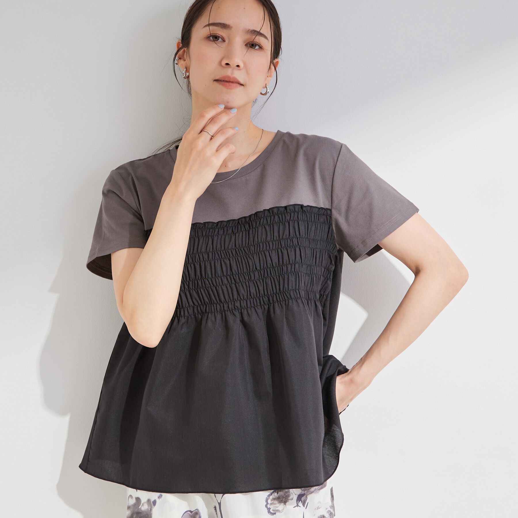 SHOO･LA･RUE「【S-LL/洗濯機可】着るだけサマ見え 柄アソートビスチェ風ドッキングTシャツ」|Tシャツ・カットソー|ブラック(019)