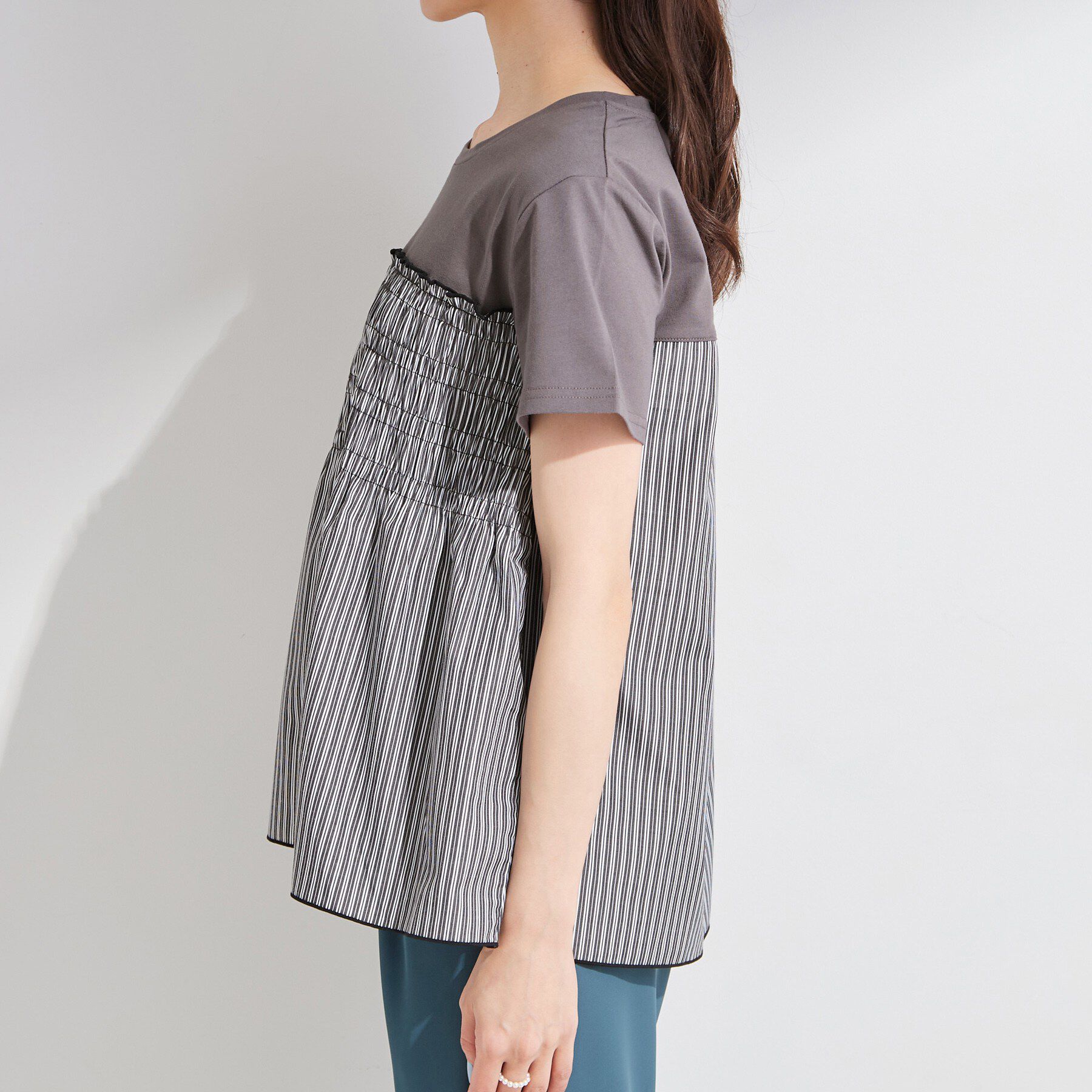 SHOO･LA･RUE「【S-LL/洗濯機可】着るだけサマ見え 柄アソートビスチェ風ドッキングTシャツ」|Tシャツ・カットソー|