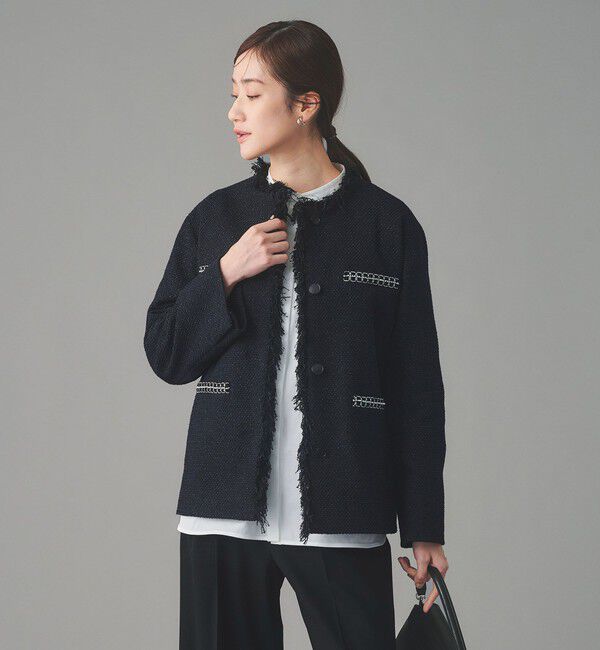UNITED ARROWS「2トーン ツイードライク ノーカラー ジャケット」|ノーカラージャケット|NAVY
