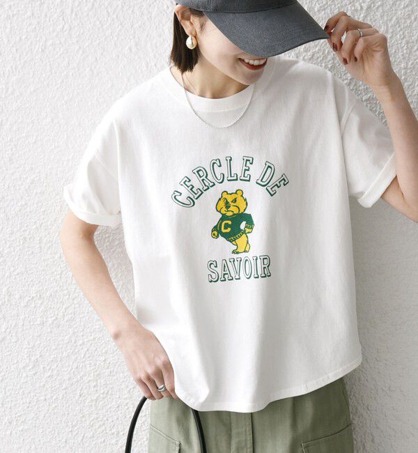 SHIPS any「【WEB限定/SHIPS any別注】THE KNiTS:〈洗濯機可能〉ラウンドヘム プリント ショート TEE」|Tシャツ・カットソー|ホワイト