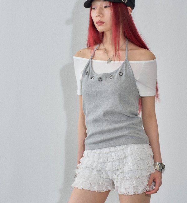  「ハトメホルターレイヤード半袖トップス（ドット/無地）」|Tシャツ・カットソー|