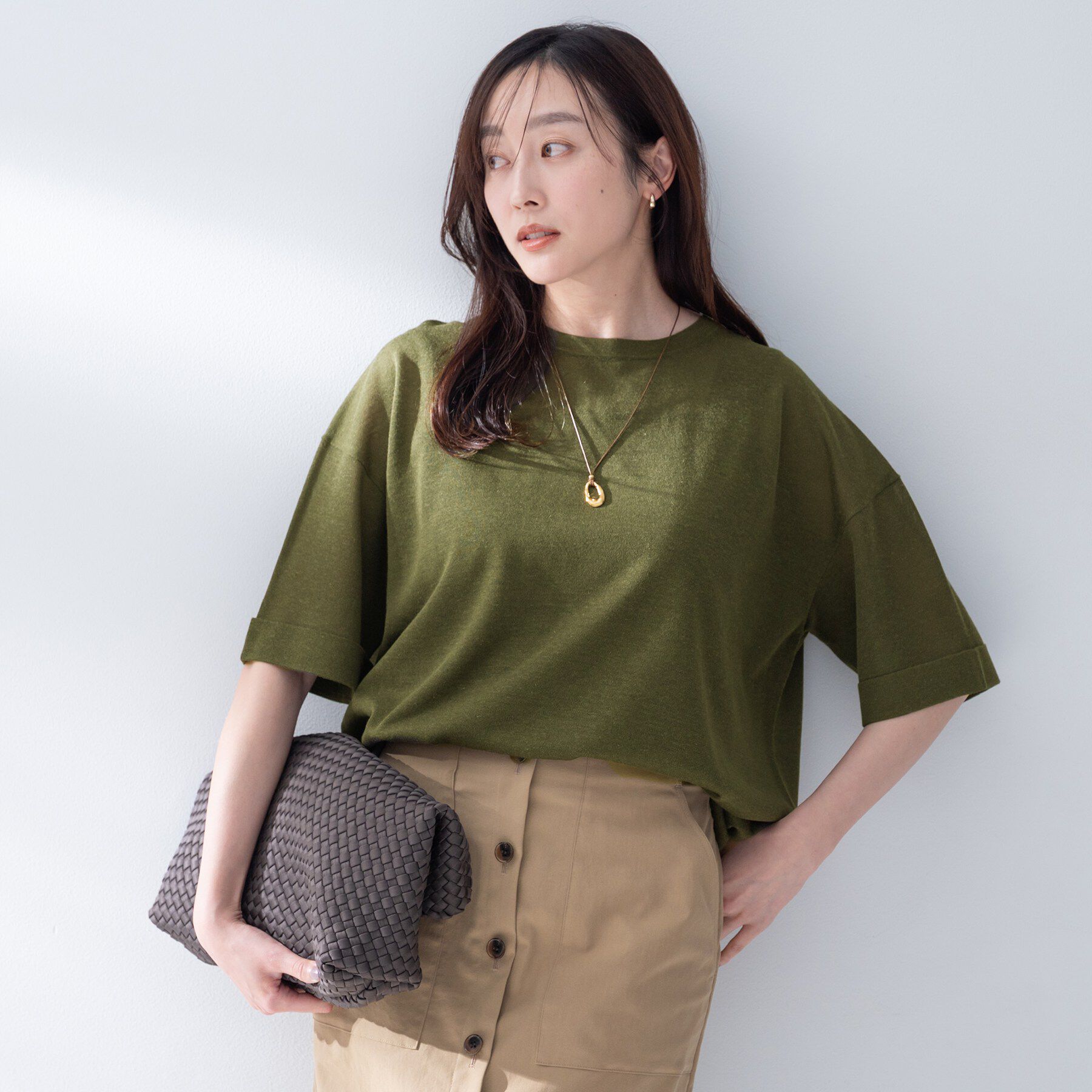 UNTITLED「【アンサンブル可/Tシャツ風/ゆったり】リラックスニットトップス」|ニット・セーター|オリーブグリーン(0
