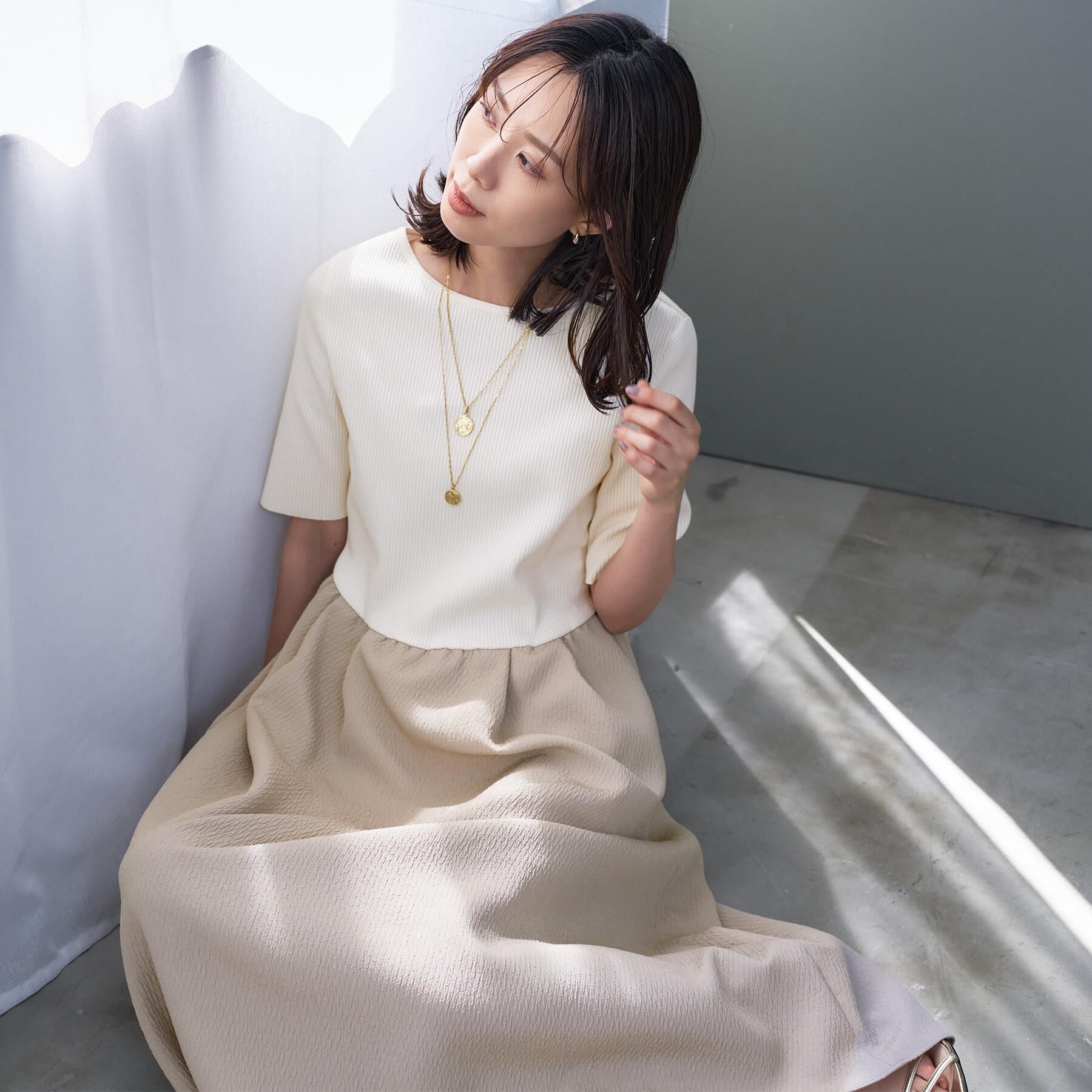 UNTITLED「【一枚でサマ見え】ニットドッキングジャガードワンピース」|ワンピース|オフホワイト(503