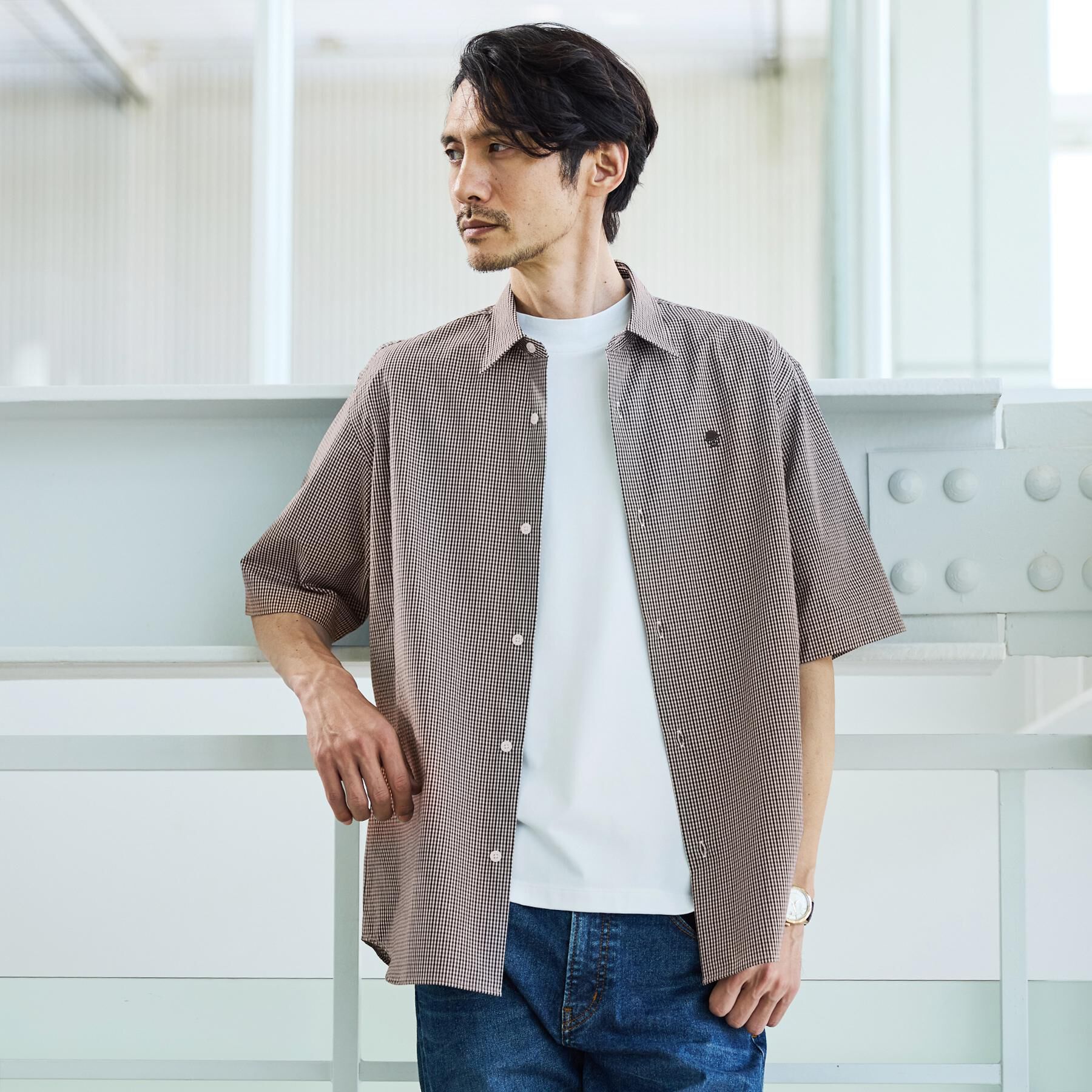 TAKEO KIKUCHI「ワンポイント 半袖ギンガムチェックシャツ」|シャツ・ブラウス|ブラウン(244)