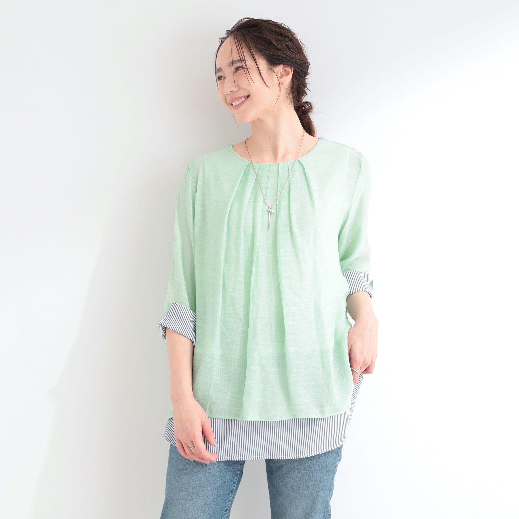 SHOO･LA･RUE「【洗濯機可/体型カバー】1枚でサマ見え 7分袖スラブレイヤード風トップス」|Tシャツ・カットソー|