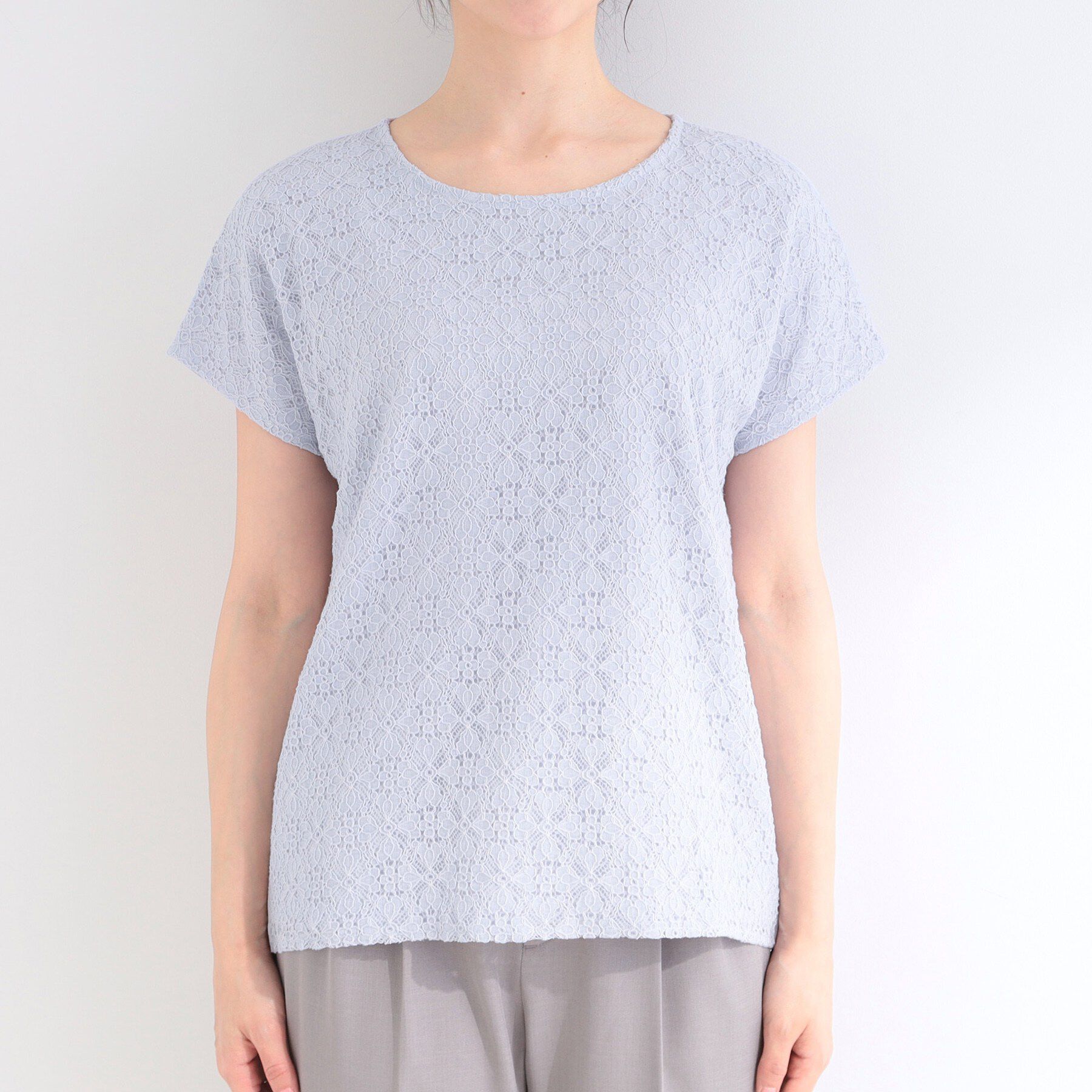 SHOO･LA･RUE「【ひんやり/UV/S-LL】1枚で華やか 前後切り替えレースTシャツ」|Tシャツ・カットソー|