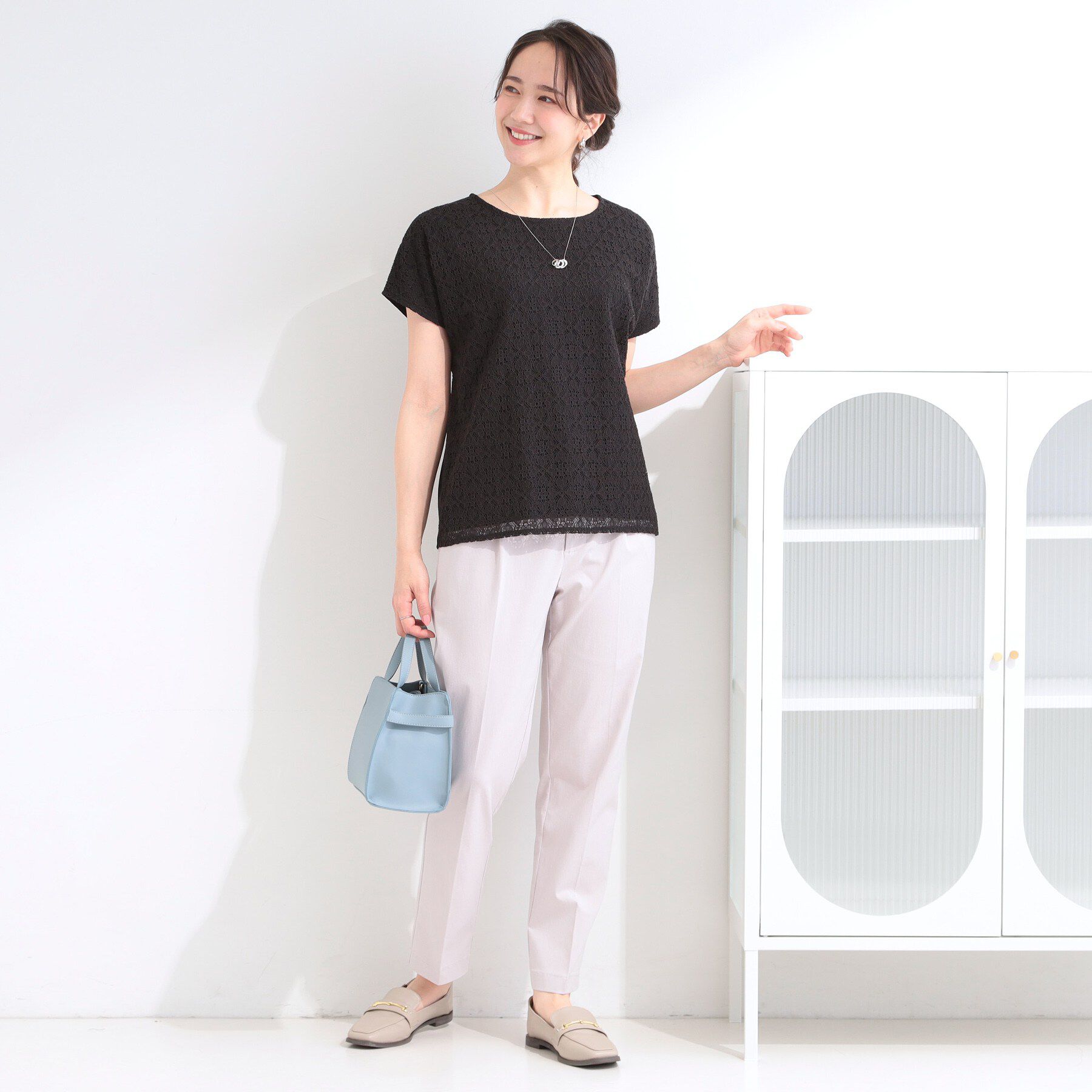 SHOO･LA･RUE「【ひんやり/UV/S-LL】1枚で華やか 前後切り替えレースTシャツ」|Tシャツ・カットソー|