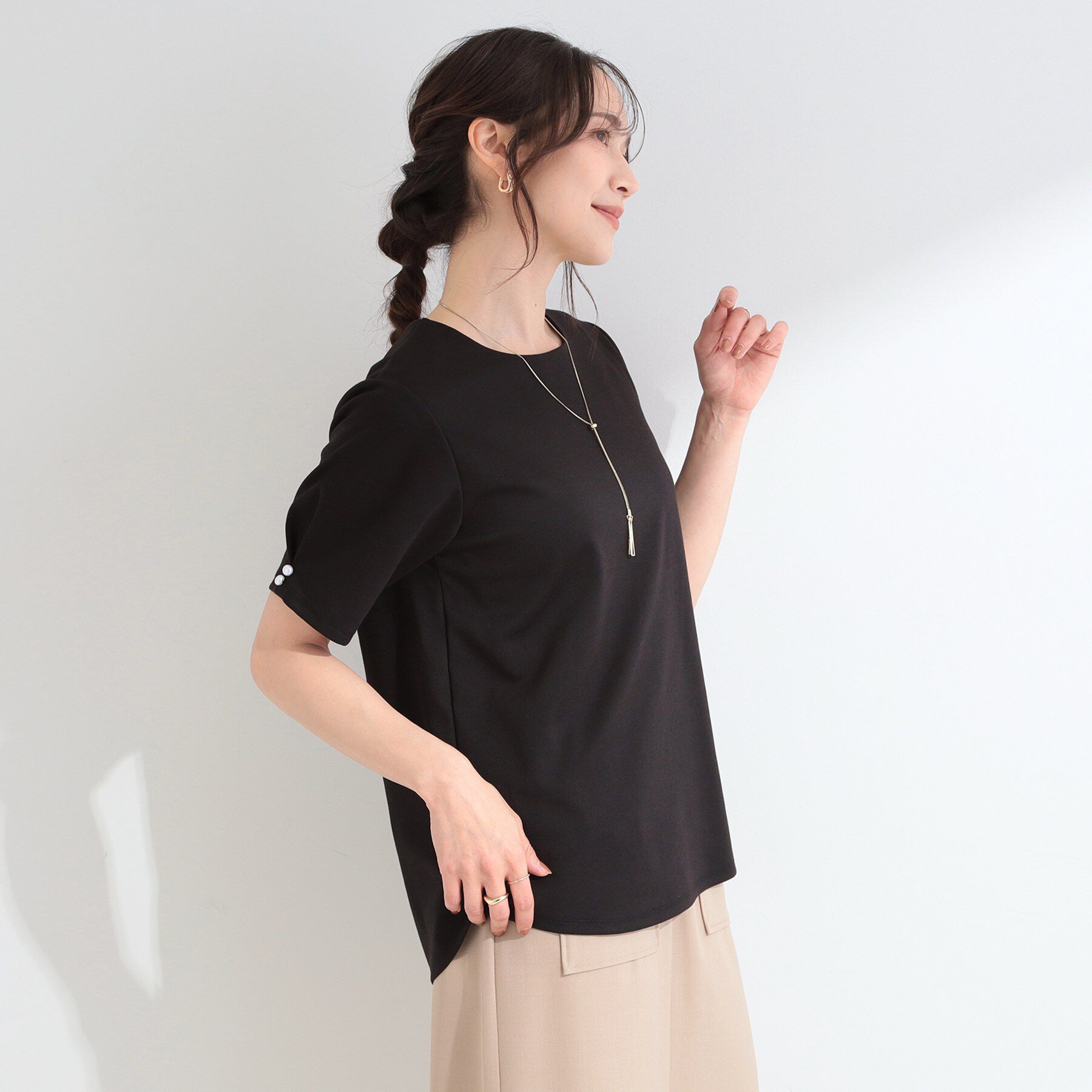 SHOO･LA･RUE「【2点セット/洗濯機可/S-LL】お袖パールがアクセント ネックレス付きトップス」|Tシャツ・カットソー|