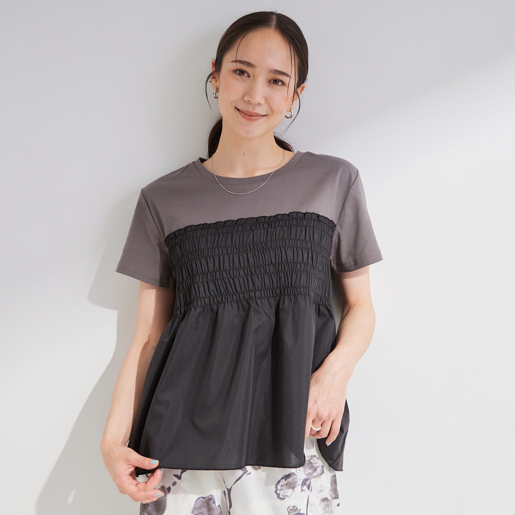 SHOO･LA･RUE「【S-LL/洗濯機可】着るだけサマ見え 柄アソートビスチェ風ドッキングTシャツ」|Tシャツ・カットソー|