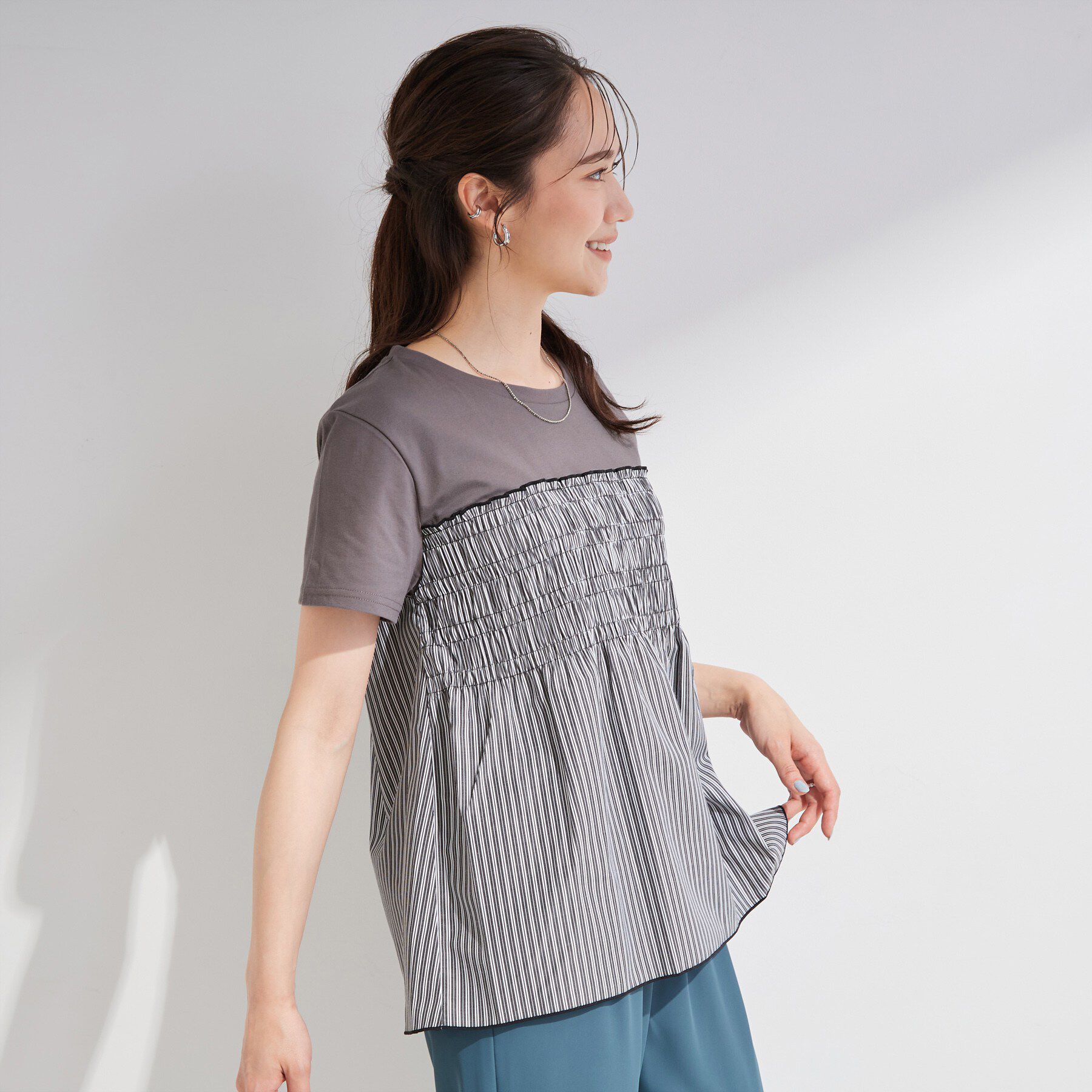 SHOO･LA･RUE「【S-LL/洗濯機可】着るだけサマ見え 柄アソートビスチェ風ドッキングTシャツ」|Tシャツ・カットソー|