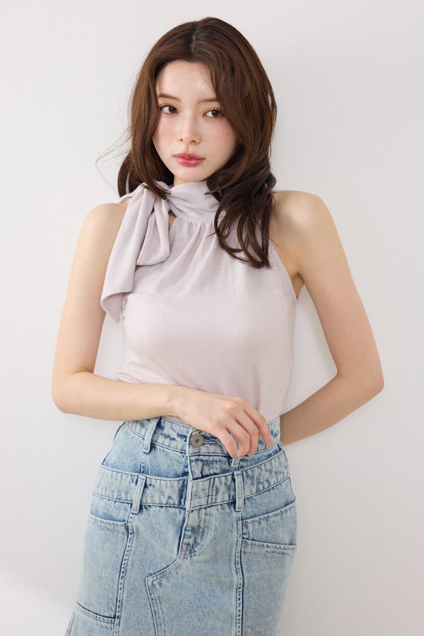 rienda「ラメフライスリボンネックトップス」|Tシャツ・カットソー|PNK